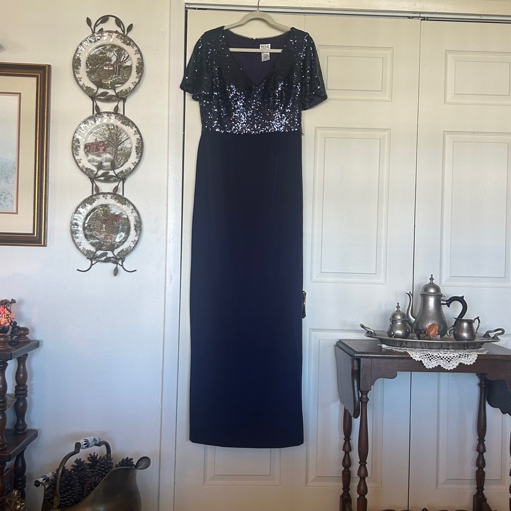 Rene Ruiz Deep blueberry Sequin V-Neck Maxi formal Dress with Flutter Sleeves